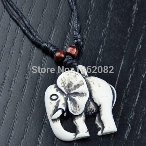 Ethnic Style Amulet Yak Bone Carved Lucky Elephant Charm Pendant Wood Beads Adjustable Necklace Gift MN230