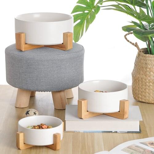 Ceramic Dog Bowl Set - Cat Dog Bowls with Non Slip Wood Stand - No Spill Heavy Weighted Double Pet Dish for Food Water Feeding
