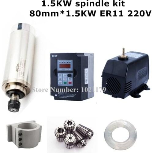 1.5kw spindle kit 220v 380V 80mm 1500w CNC milling spindle motor+1.5kw inverter+80mm spindle clamp+75w pump+5m pipes+13pcs ER11