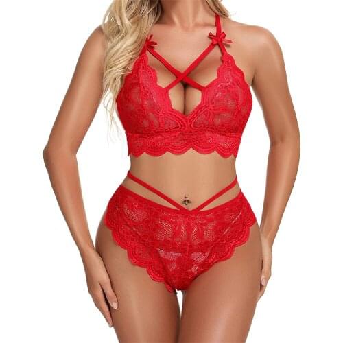 Ladies Sexy Lingerie Sets Crochet Bralette and Panty Set Strappy Lace Lingerie Sheer Push-Up Bra + Middle Waist Strappy Panties