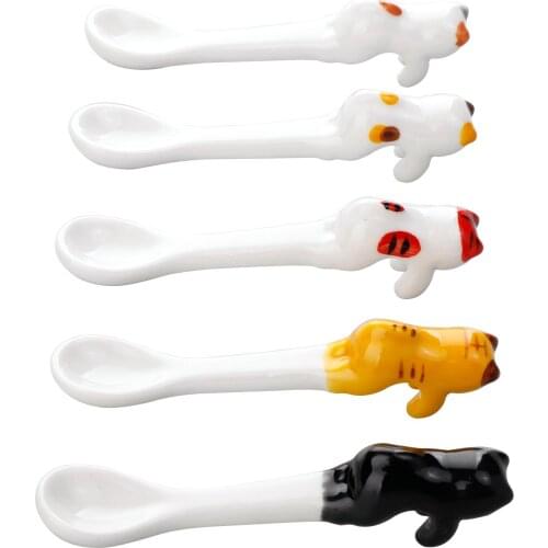 Cat Animal Spoon Teaspoons Spoons Cartoon Hanging Stainless Steel Dessert Kitchen And Bar 5Pcs Cut Mixing Ceramics Lovely Coffee
