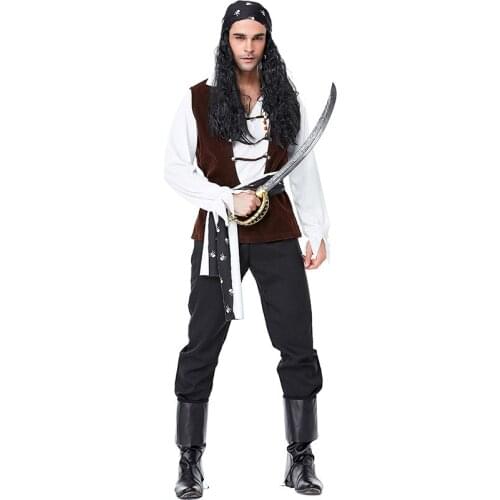 New Halloween Carnival Costume Mens Skull and Crossbones Pirate Costume Wild Pirate Set Cosplay