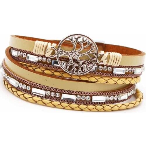 New Braided Wrap Leather Bracelets for Women Vintage Rhinestone Tree of Life Charm Bracelet Ethnic Wristbands Jewelry