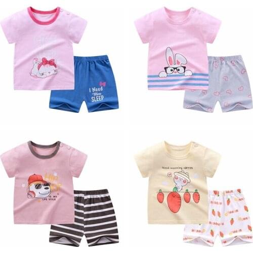 Baby Boy Girl Cartoon Animals Print Short Sleeve Tops + Shorts 2pcs Cotton Childrens Clothes Set Kids Summer Outfits Suit