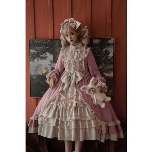 Original Design Womens Lolita Dress Winter Long Sleeve Princess One Piece Cute Girl Party Navy Blue & Pink Patchwork