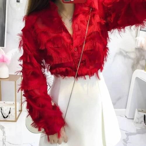 Autumn Fashion Spring New Korea Women Tassels Sexy Red Party Shirts Female Long Sleeve Woman Shirts Tops Blouses Blousa CC399