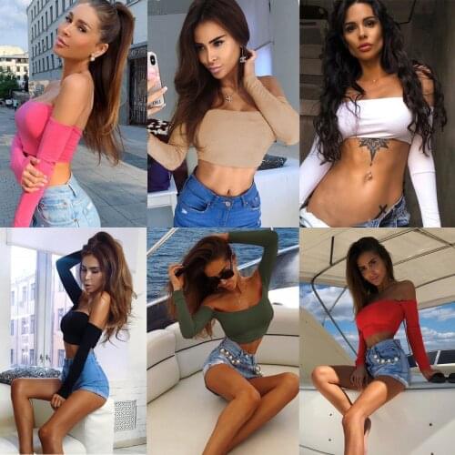 Sexy Women Long-sleeved Tops Rose Red Slash Neck Tube Top Short T-shirt Fashion Open Navel Female Outfits High Street Clubwear