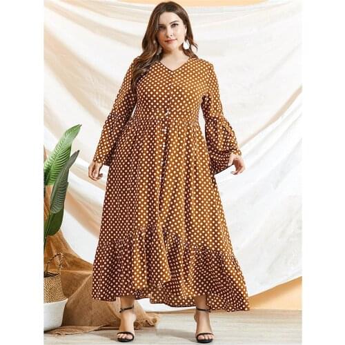 Muslim Women Polka Dot Long Dress Elegant Islamic Clothing Arab Abaya V-neck Casual Loose Ramadan Maxi Robe Gown Middle East