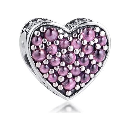 Fits for Pandora Charms Bracelets 100% 925 Sterling-Silver-Jewelry Pink Dazzling Heart Beads Free Shipping