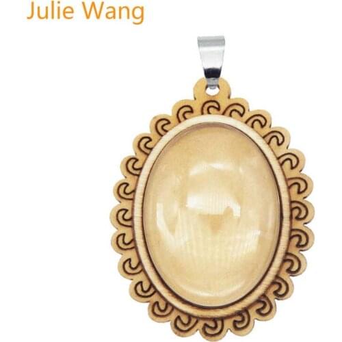 Julie Wang 2PCS Wood Oval Cabochon Base Settings Charms Hooks 30*40mm Glass Cabochon Blank Bezel Tray Jewelry Making Accessory