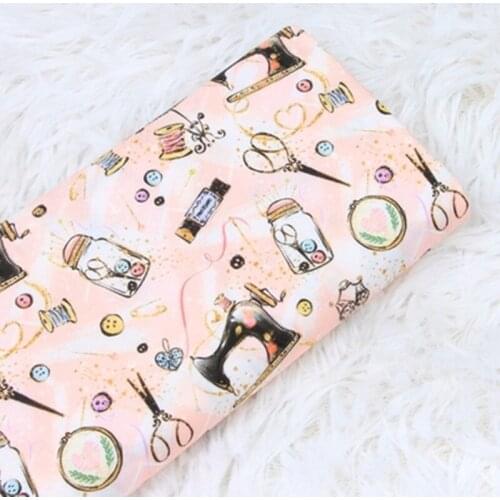 Half Yard Plain 100% Cotton Fabric With Sewing Machine Scissors Print For Handmade DIY Garment Dress Tissue Tecido CR-1232