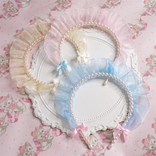 Sweet Lolita Lace Trim KC Headband Pearls Bow Handwork Hair Accessories Headwear Womens Headdress B1896