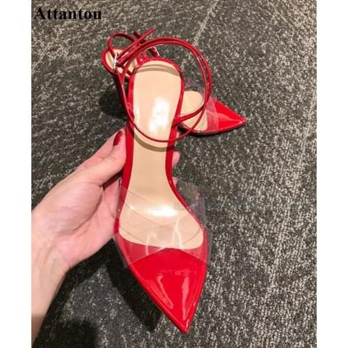 Clear Transpatent PVC High Heel Sandals Stiletto Heeled Narrow Ankle Straps Buckle Strappy Pointed Open Toe Party Dress Shoes