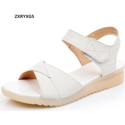 2021 New Summer Top Soft Cowhide Open Toe Sandals White Shoes Women Leather Sandals Flat Soft Sole Non-slip Comfortable Sandals