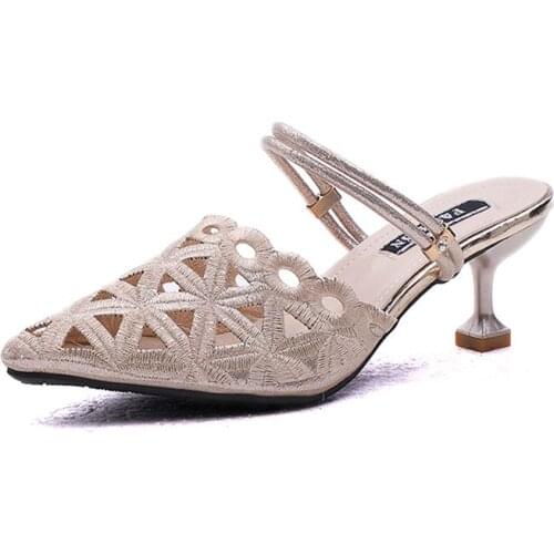 Women Sandals New High-heeled Wild One Shoes Two Wearing A Half Bag Dragging Empty Embroidery Thread Stiletto