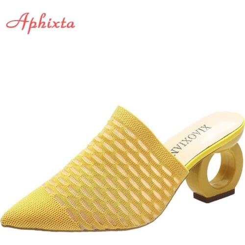 Aphixta Air Mesh Stretch Fabric Shoes Women Slippers Pointed Toe Strange Style Heel Mules Shoe Slides Flip Flop Big Size 43