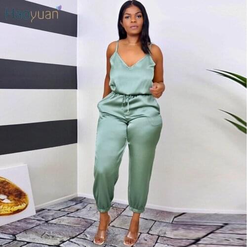 HAOYUAN Sexy Satin Spaghetti Strap Jumpsuit Lace Up Fitness Pants Office Lady Wear Women Casual Outfits One Piece Club Rompers