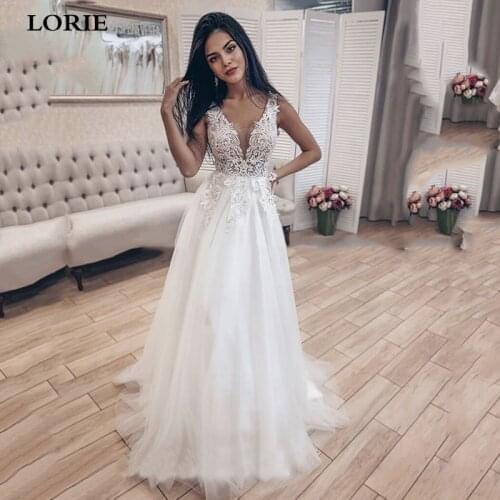 LORIE Boho Tulle Wedding Dress A Line V Neck Appliqued Lace Bridal Dresses Vestido De Novia Train Bridal Gowns