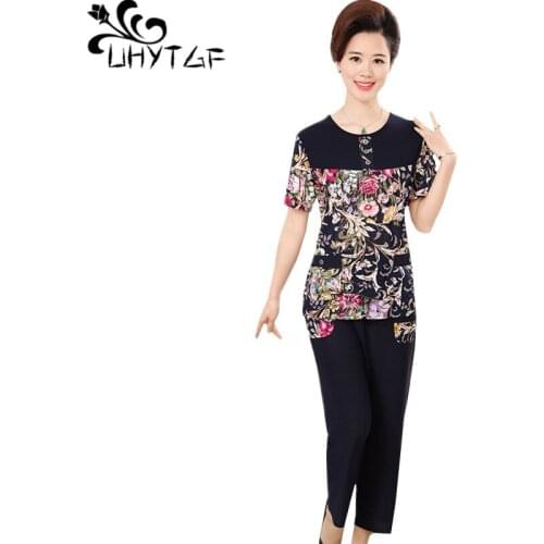 UHYTGF New Female Elastic ice silk Summer 2 piece set Lady fashion printing pant and top plus size two piece sets for women 1293