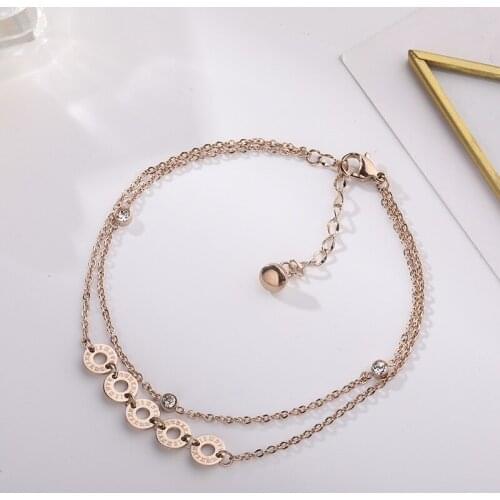 Vintage Ankle Roman Numerals Round Statement Anklet Bracelet Rose Gold Color Stainless Steel Two Lines Chain Bransoletka Na Noge