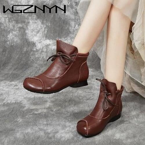 2021 Autumn and Winter Shoes for Women Retro Handmade Leather Foot Thick-soled Women Shoes Round Toe Knight Boots Martin Boots