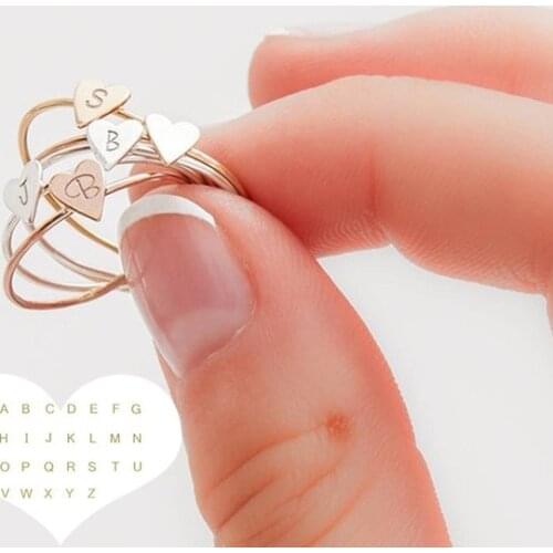 Handprint Stacking Fashion A-Z Letter Peach Heart Ring Womens Couple Girlfriends Ring Gift Womens Golden Ring Jewelry
