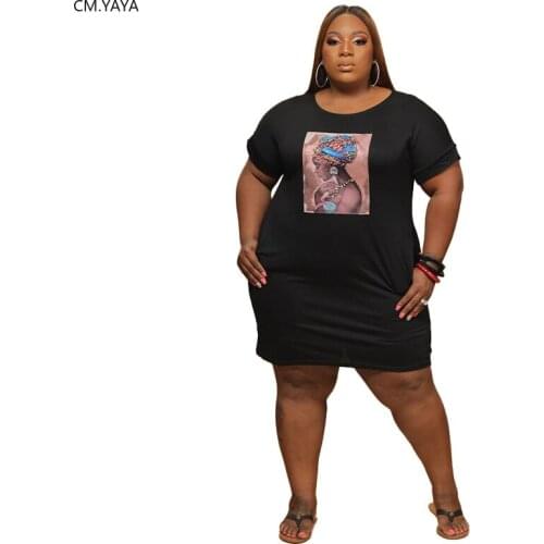 CM.YAYA Women Plus Size XL-5XL Character Print Splicing Short Sleeve O-neck Casual Dress Fashion Knee Length Dresses Vestidos