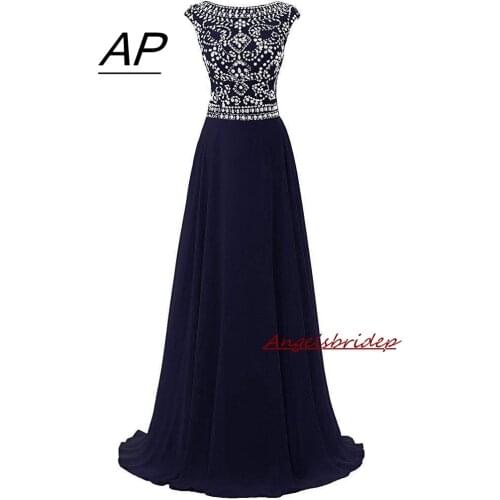 Elegant Scoop Neck Long Evening Dress Chiffon Crystal Empire Waist Vestidos de festa A-Line Pageant Dresses for Women Prom Party