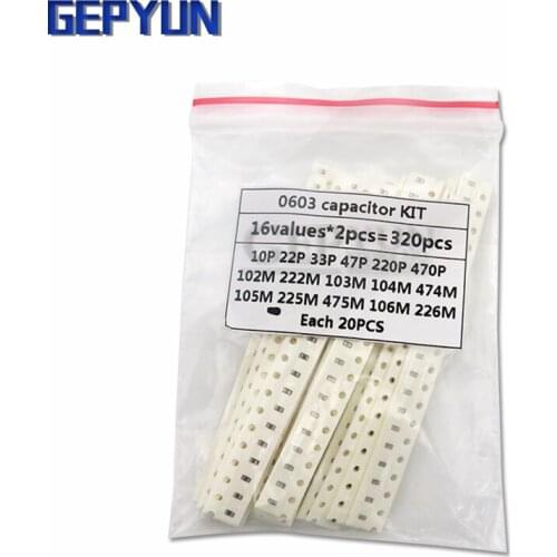 16values*20PCS=320PCS 0603 SMD Capacitor assorted kit 10pF-475M component diy samples kit new and original Gepyun