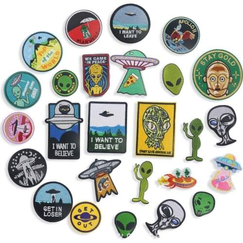 Alien Series Embroidery Cloth Stickers Spaceship English Letters Cartoon Clothing Luggage Hat Decoration Accessory Patch 2pcs