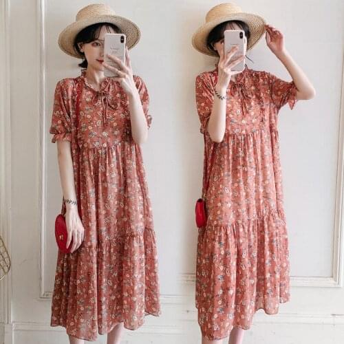 915# Maternity Clothes Summer Chiffon Short Sleeve Loose Stylish Floral Dress for Pregnant Women Pregnancy Clothes