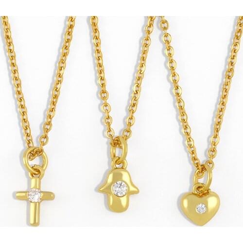 FLOLA Gold Chain Polish Heart Necklace For Women Small Cross Fatima Hand Pendant Necklace Crystal Minimalist Jewelry Gift nkes54