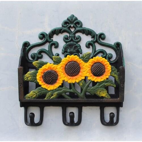 Hand Paint Sunflower Cast Iron Wall Mail Rack With Three Hooks Farm House Green Yellow Wall Decor Magazine Letter Storage Holder