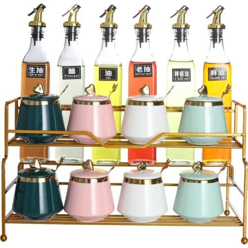 Nordic style household glass seasoning box combination set oil bottle pot salt pot iron double shelf