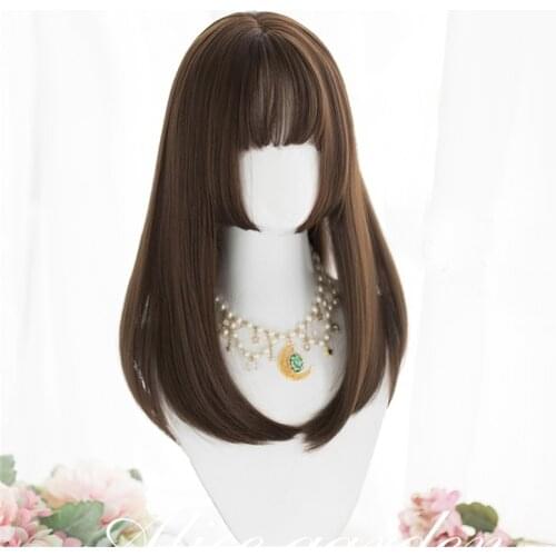 CosplayMIX Lolita 45CM Halloween Christmas Party Medium Straight Chocolates Black Brown Synthetic Bangs Japan Cute Cosplay Wig