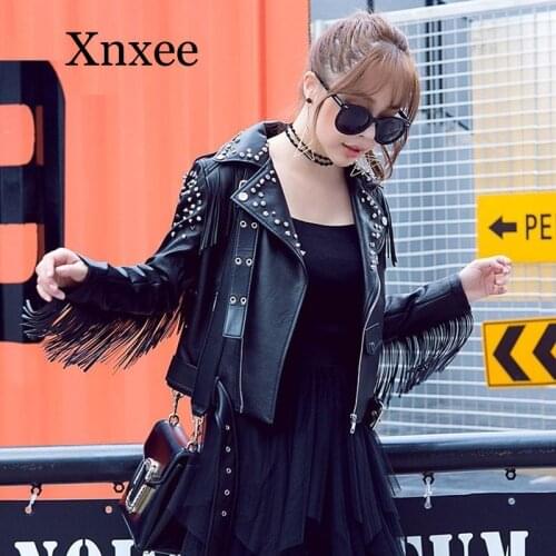 Black Leather Jacket Women Fringed Rivet Punk PU Leather Jacket Locomotive Short Coat Motorcycle Outerwear Ladies Female Coats