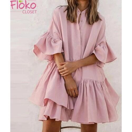 Flokocloset Summer Sweet Solid Color Ruffles Shirt Dress Casual V-Neck Half Flare Sleeve White Dress Women Clothing