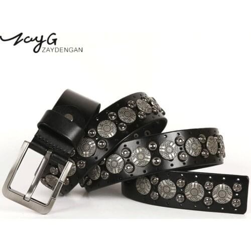 ZAYG Fashion Punk Pin Buckles Carved Rivet Belts National Wind Retro Leather Belt Unique Men and Woman Belt Jeans Designer Belts