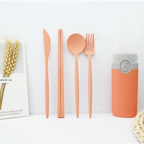 Dinnerware Orange Wheat Straw 4/6/8/10 Set Flatware Knife Fork Spoons Travel Cutlery Portable Box Japan Style Kitchen Tableware