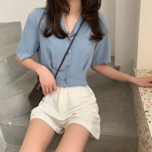 2021 Summer New Korean Style Chic Short Western Style Lapel Design Non-mainstream Chiffon Short-Sleeved Shirt Womens Top