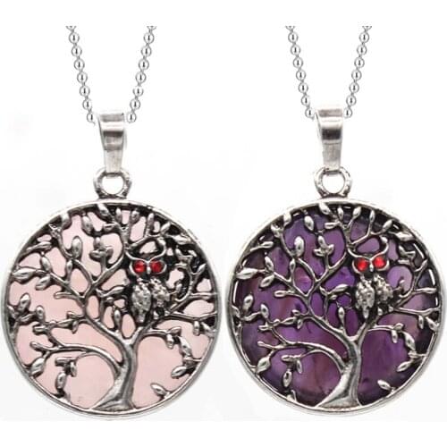 Natural Stone Necklaces & Pendants Ancient Silver-color Hollow Tree of Life Round Owl Necklace Women Men Statement Jewelry Gifts