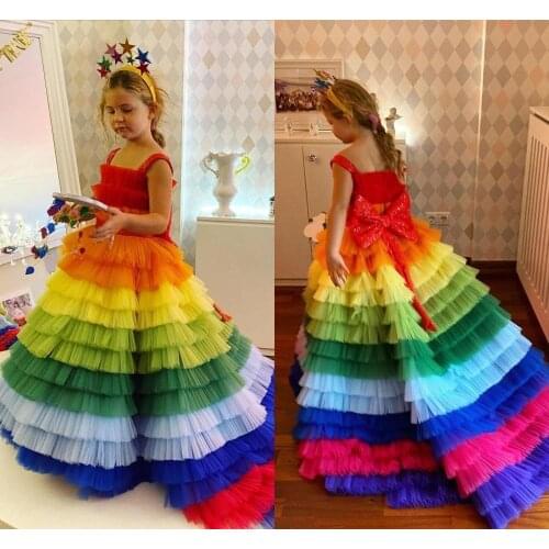 Rainbow Tieres Puffy Flower Girls Princess Ball Gowns Rainbow Tulles Girls Birthday Party Celebration Dresses Custom