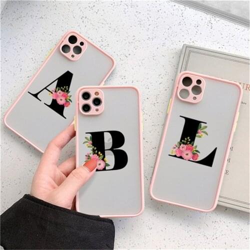 Retro Pink Flower Initial Letter Phone Case For iPhone 12 Pro Mini 11 Pro Max X XS XR 7 8 Plus SE 2020 Clear Matte Hard PC Cover