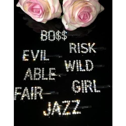 Capital Letters One Word Hairpin Minimalist Glitter Rhinestone Alphabet Hair Clip Side Bangs Hair Styling Barrette WHOLESALE