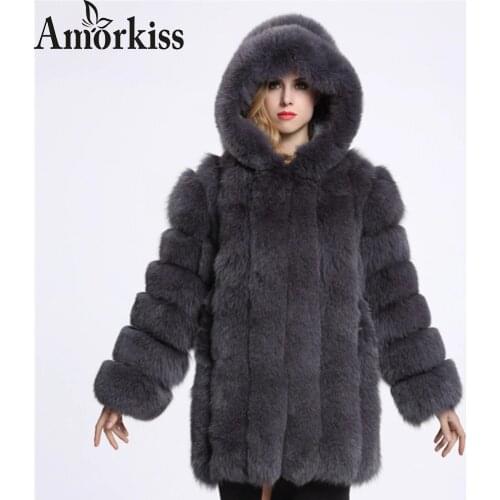 Amorkiss European And American Fashion Warm Faux Fur Coat Womens Winter Artificial Fox Stitching Fur Hooded Long Furry Coat