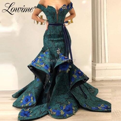Dark Green Lace Evening Dress Off Shoulder With Applique Mermaid Party Gowns 2019 Couture Saudi Arabic Dubai Dress Abendkleider