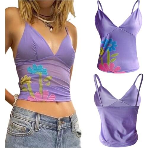 Womens Sexy Crop Cami Tops Sleeveless Spaghetti Strap Deep V Neck Flower Pattern Mesh Camisole