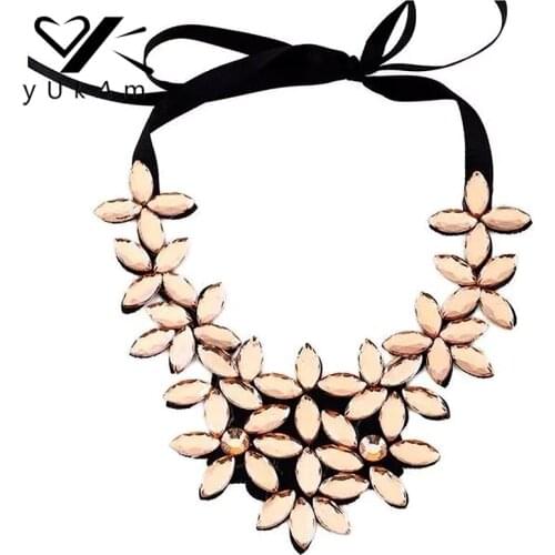 YUKAM Fashion Maxi Statement Choker Necklace Black Ribbon Flower Acrylic Crystal Rope Chain Necklaces Pendants for Women Jewelry