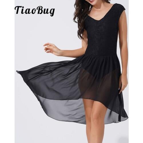 Women Sleeveless Dance Dress Asymmetrical Chiffon Lyrical Costumes Ballet Tutu Gymnastics Leotard Dance Dress