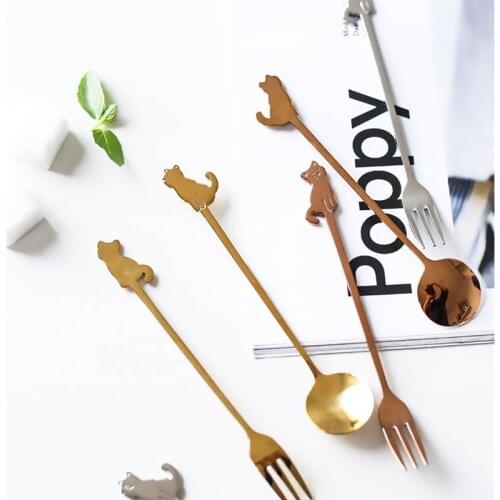 1pc Cat Shaped Cute Stainless Steel Cat Dessert Spoon Fork Coffee Ice Cream Candy Kitchen Flatware Dinnerware